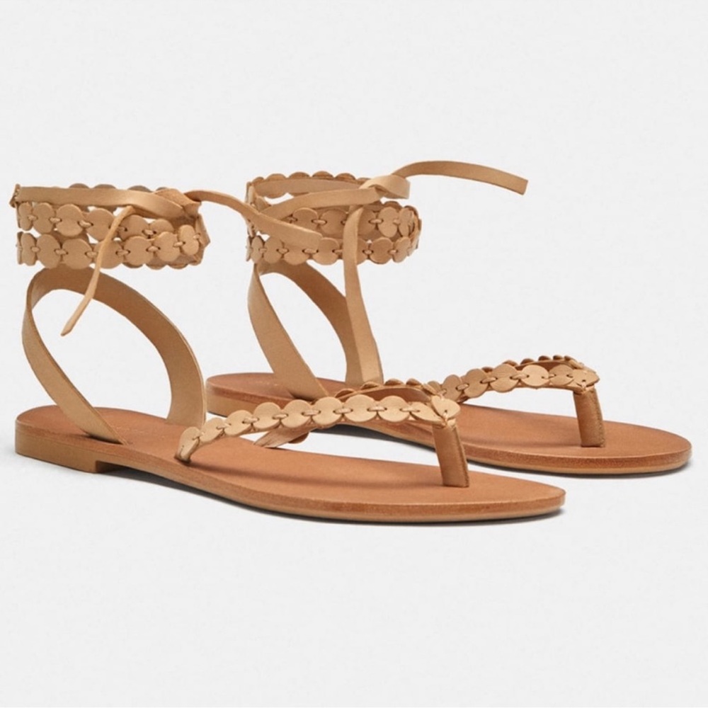 Zara Flat Leather Sandals light tan NWT - Picture 1 of 6